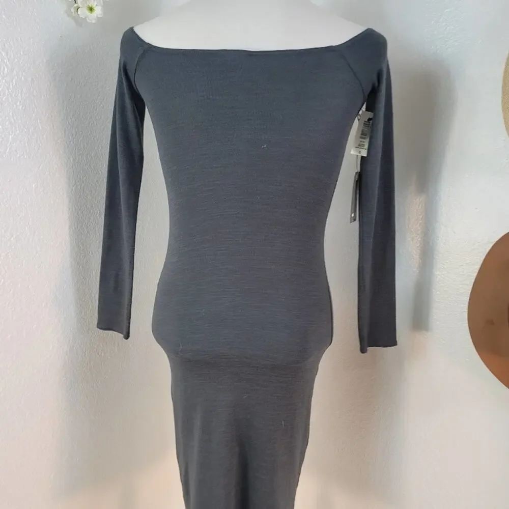 ARITZIA WILFRED FREE Olivia Charcoal Gray Off Shoulder Bodycon Dress Long Sleeve